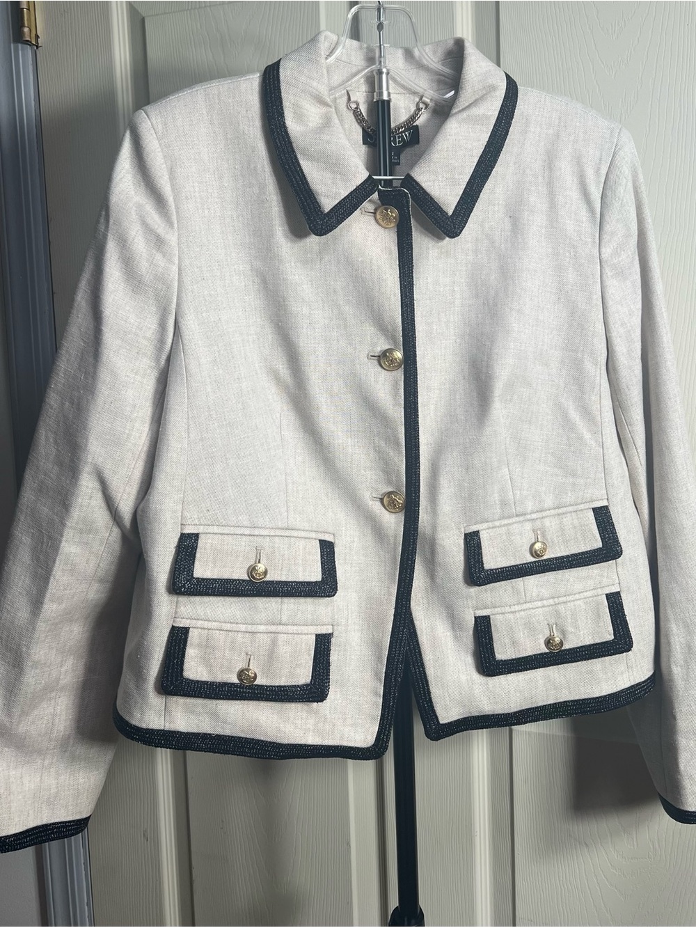 J. Crew Linen Blend Cream Jacket with Black Trim and Gold Buttons